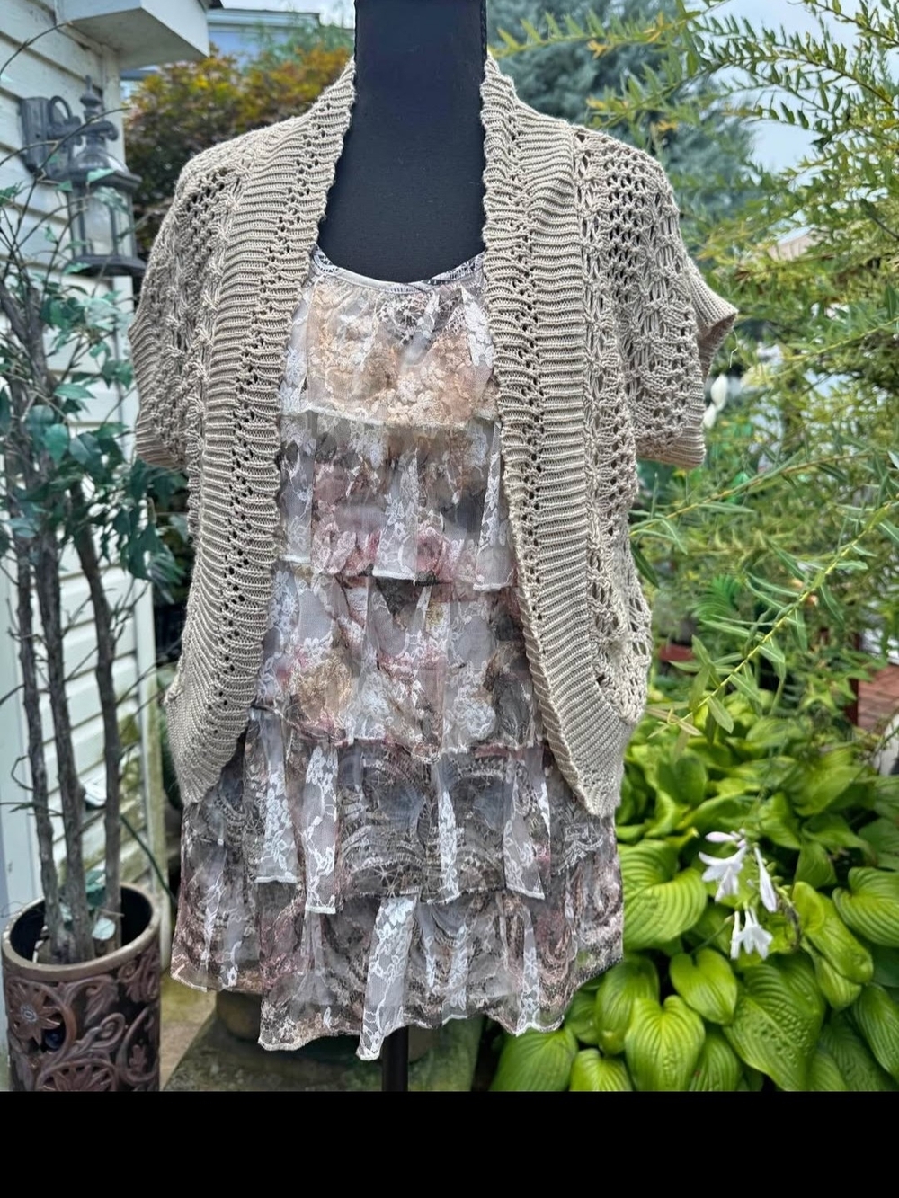 Dress Barn Taupe Open-Knit Short Sleeve Cardigan